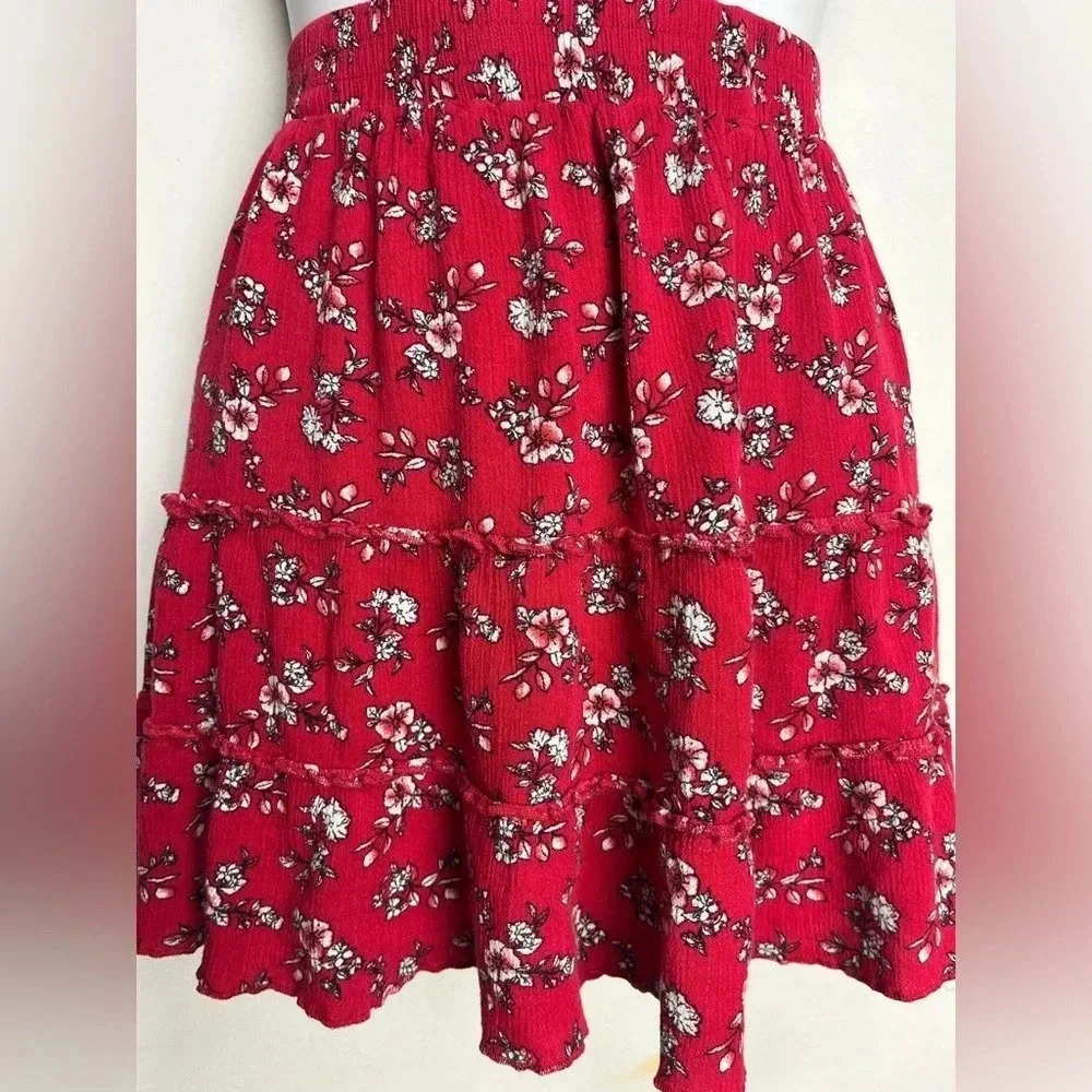 Abby Paris Red Floral Challis Ruffle Mini Skirt